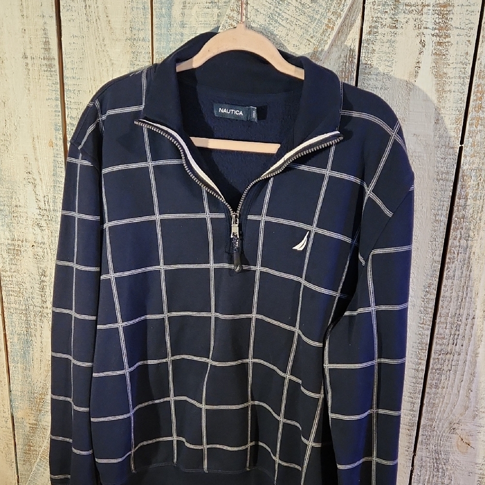 Nautica Men's Navy Checkered Zip-Up Sweater